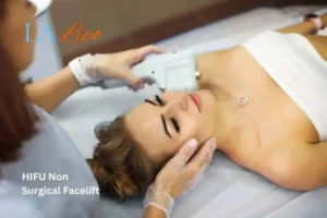 Woman having Hi-Fu to reduce wrinkles Canary Wharf.