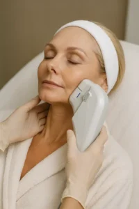 Woman receiving HIFU non surgical facelift treatment Canary Wharf