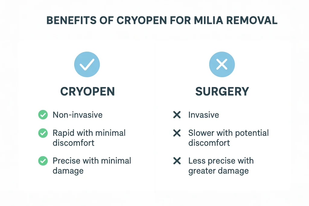 Benefits of cryopen for milia removal Canary Wharf compared to surgical treatments.