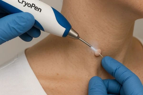 Person receiving cryotherapy Canary Wharf for skin tag removal