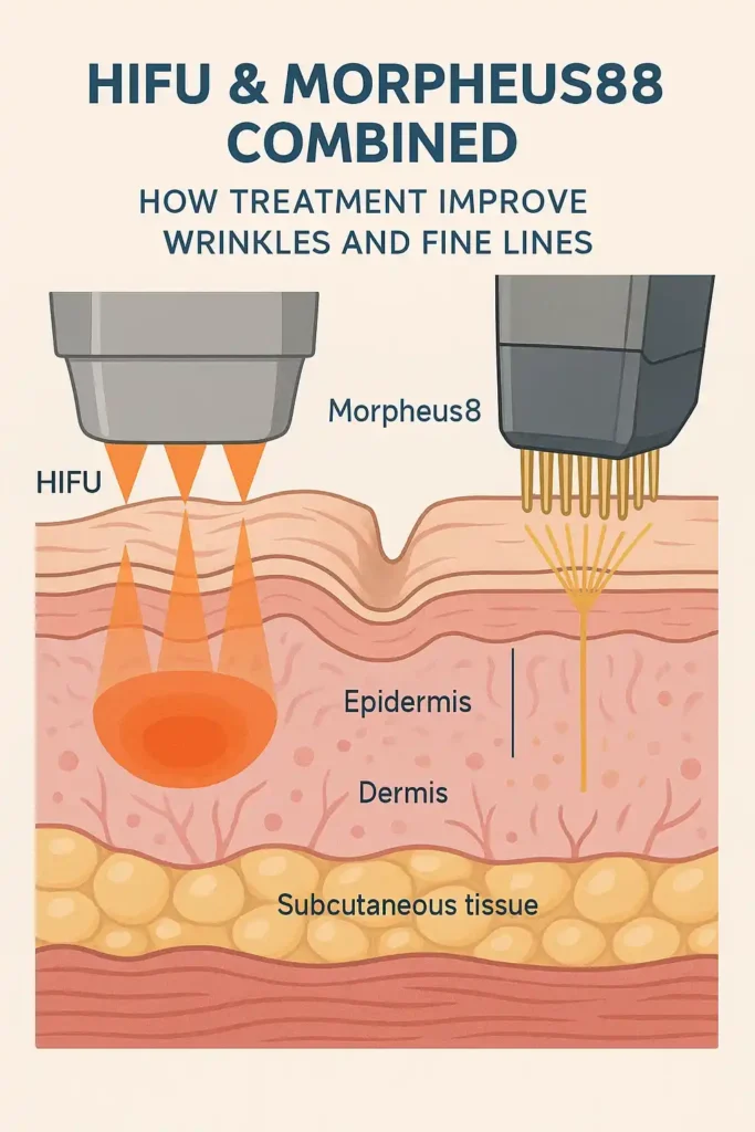 Diagram showing HIFU & Morpeus8 Canary Wharf and the benefits for reduction in wrinkles and fine lines