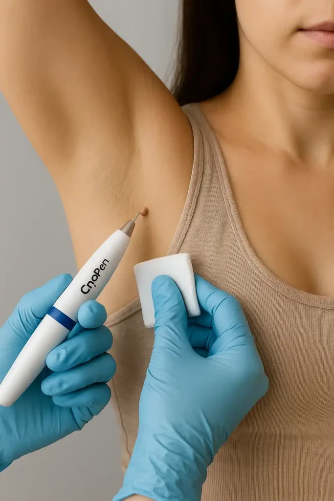 woman having cryopen to remove underarm skin tags Canary Wharf