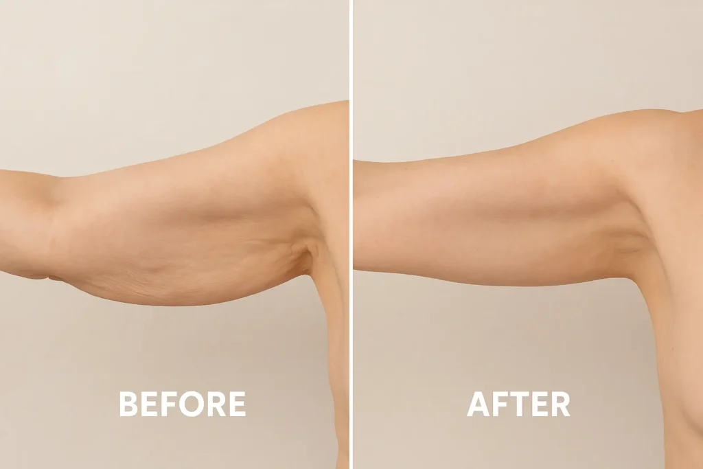 Picture of LA LIPO Canary Wharf before and after results of skin tightening treatment on the upper arms.