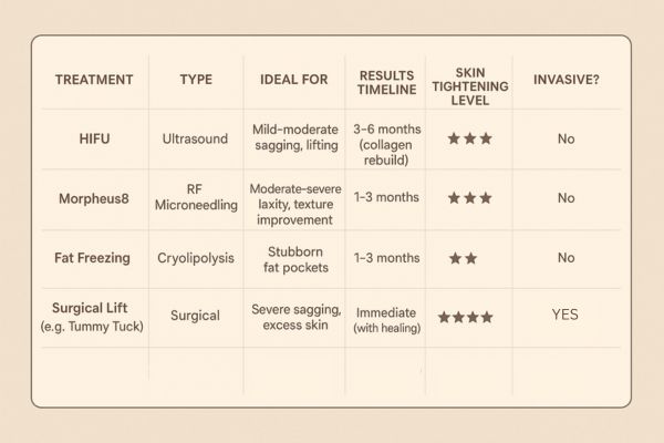 Table showing the comparisons of Skin tightening Canary Wharf treatment options. 